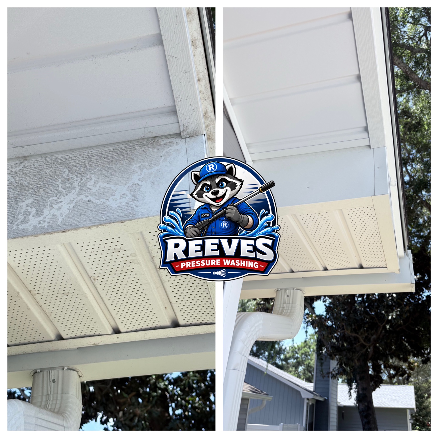 Before and after house washing and soffit cleaning at a real Destin, Florida home