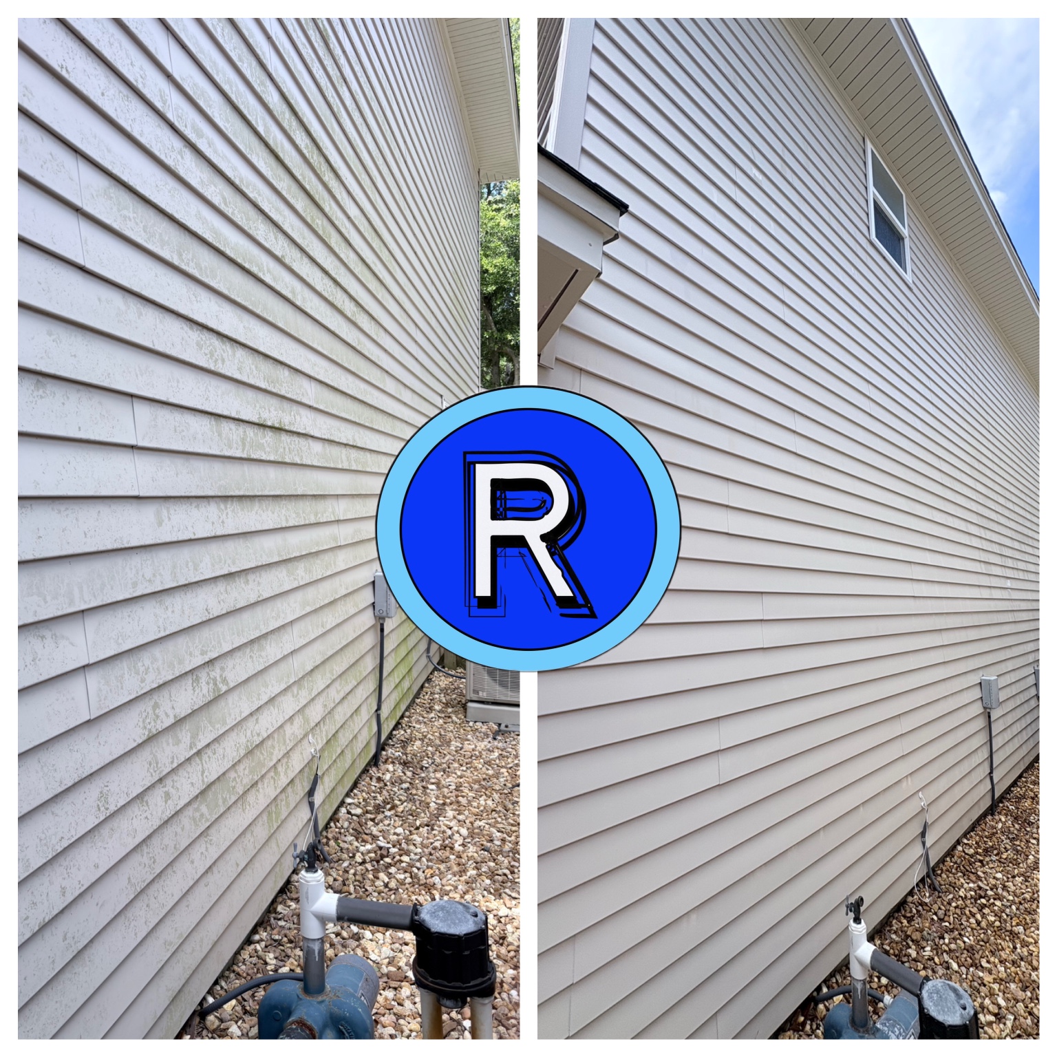 Before and after house washing removing heavy organic buildup from exterior siding in Fort Walton Beach, Florida