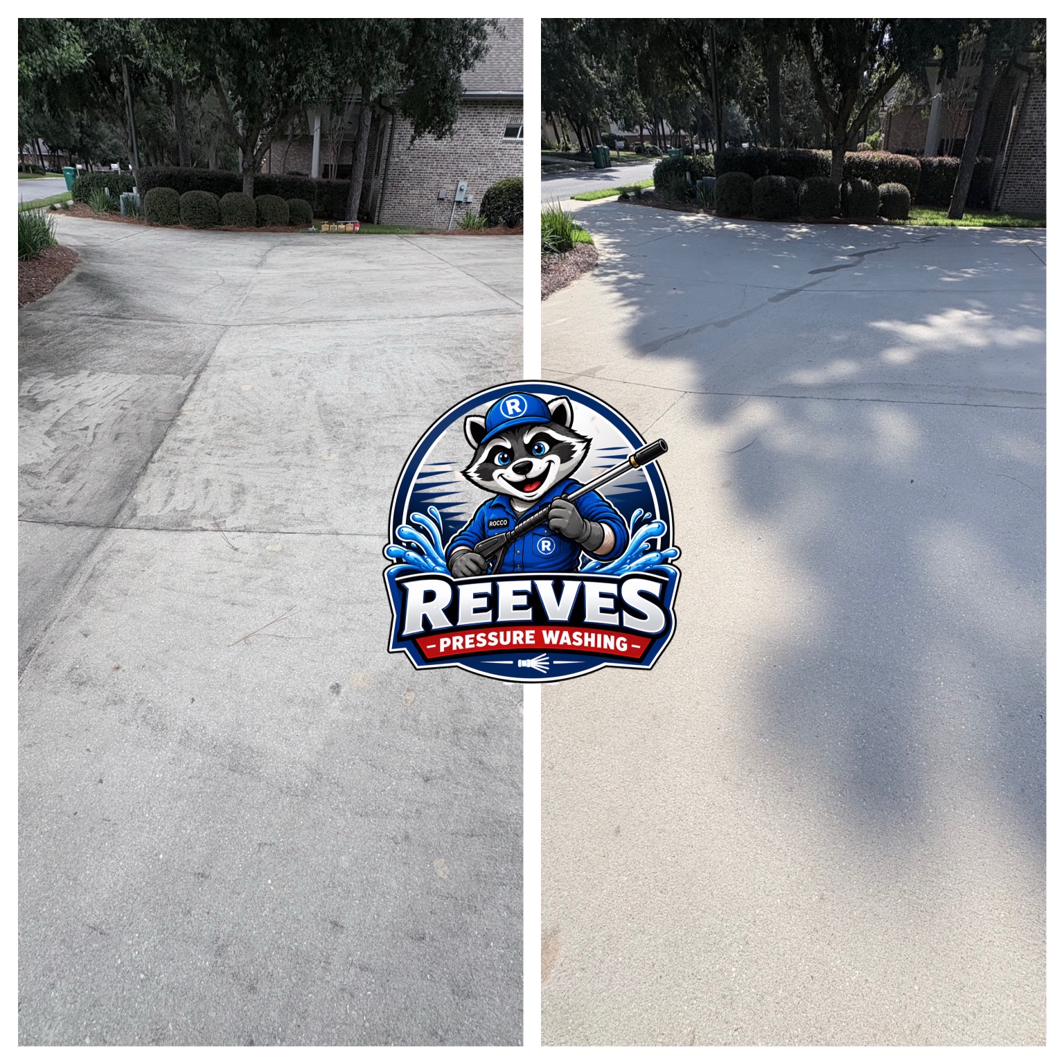 Before and after concrete driveway pressure washing at a real Niceville, Florida property