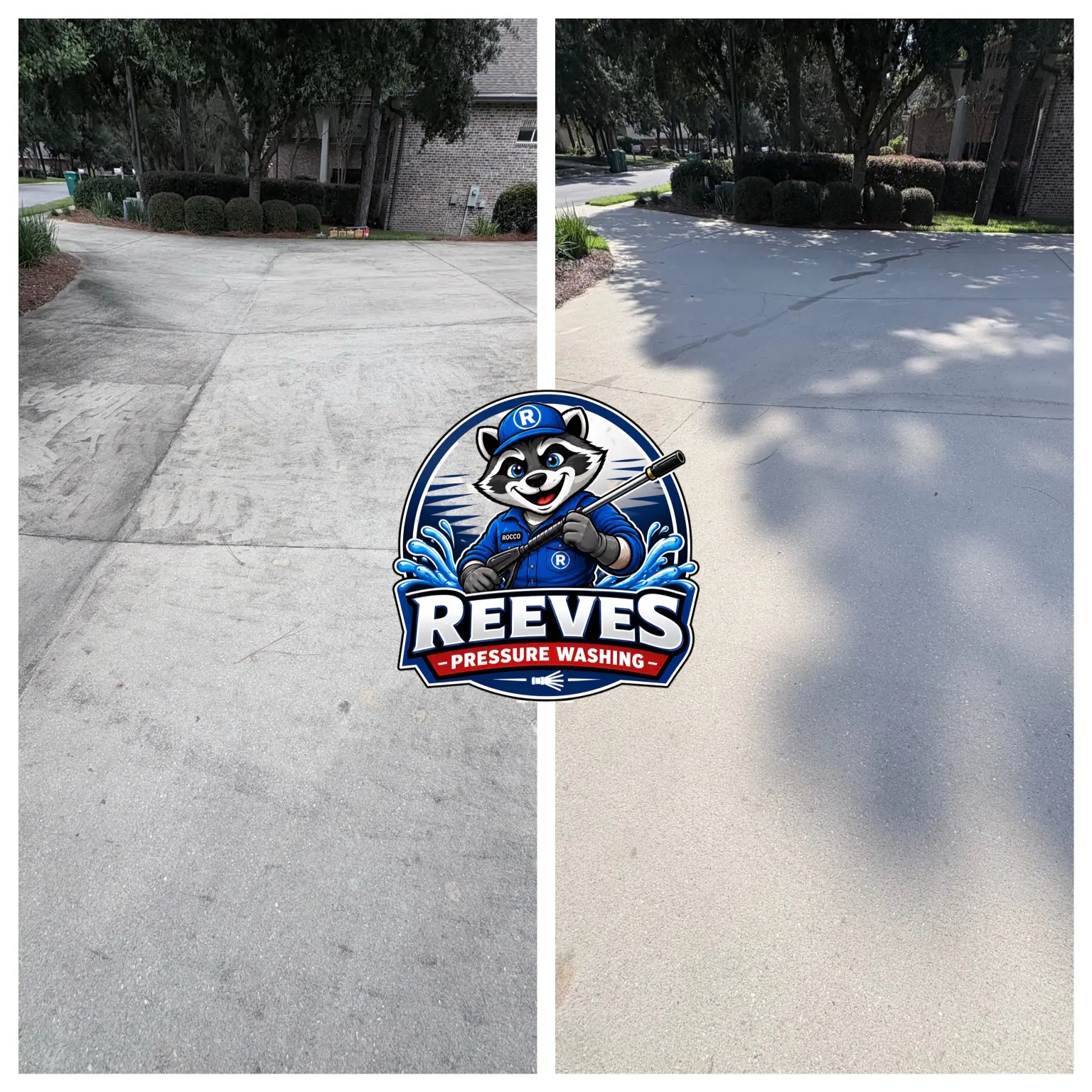 Before and after concrete driveway pressure washing at a real Niceville, Florida property