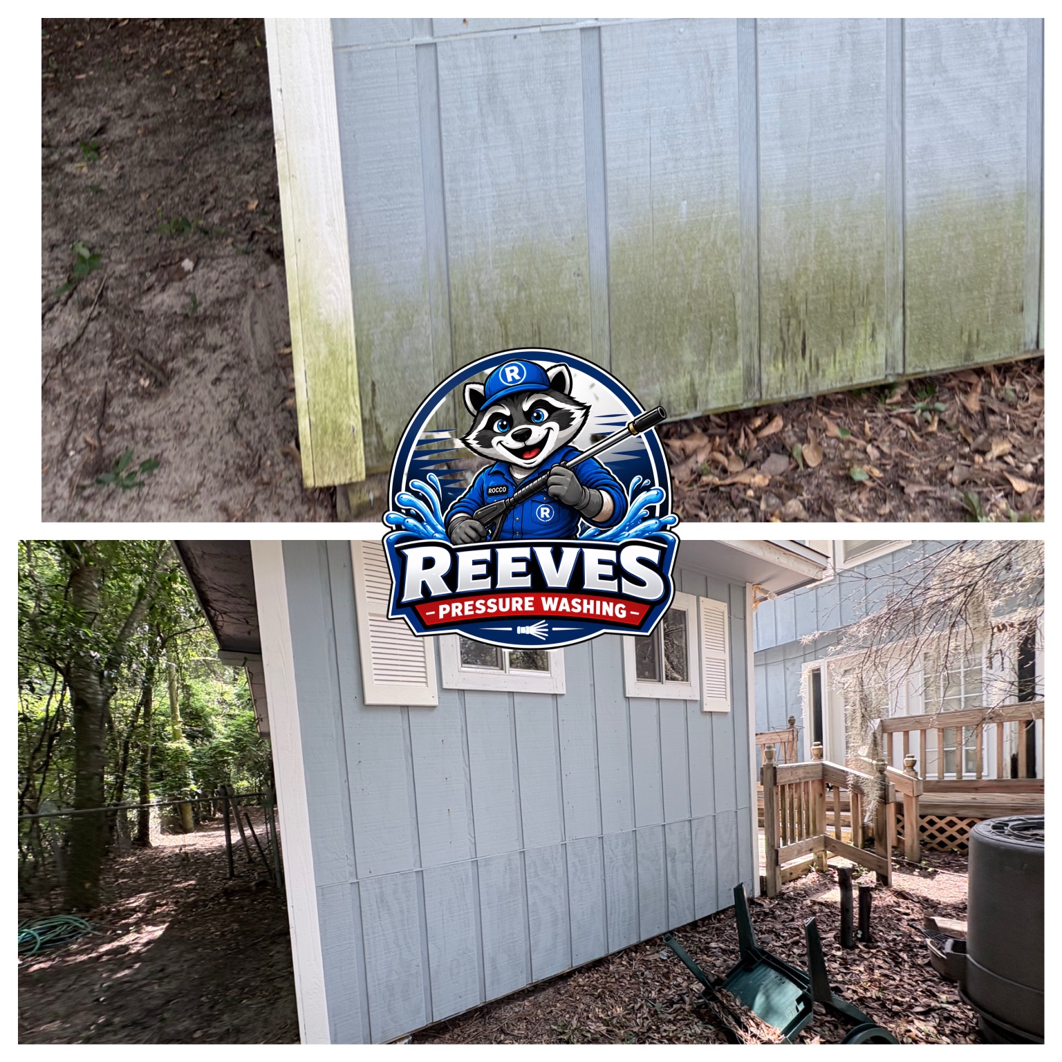 Before and after low-pressure house washing removing green algae from exterior siding in Niceville, Florida